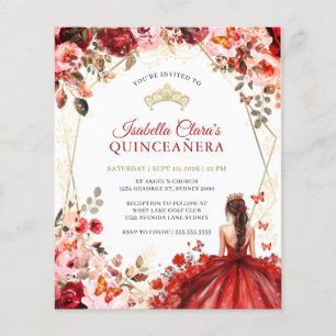 Budget Red Gold Floral Princess Quinceanera 