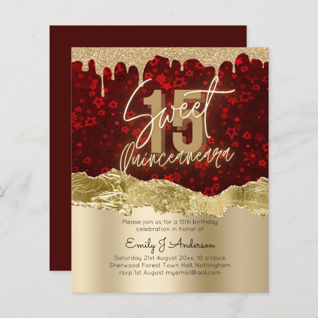 BUDGET Red Gold Foil Glitter Quinceanera 15th (Front/Back)