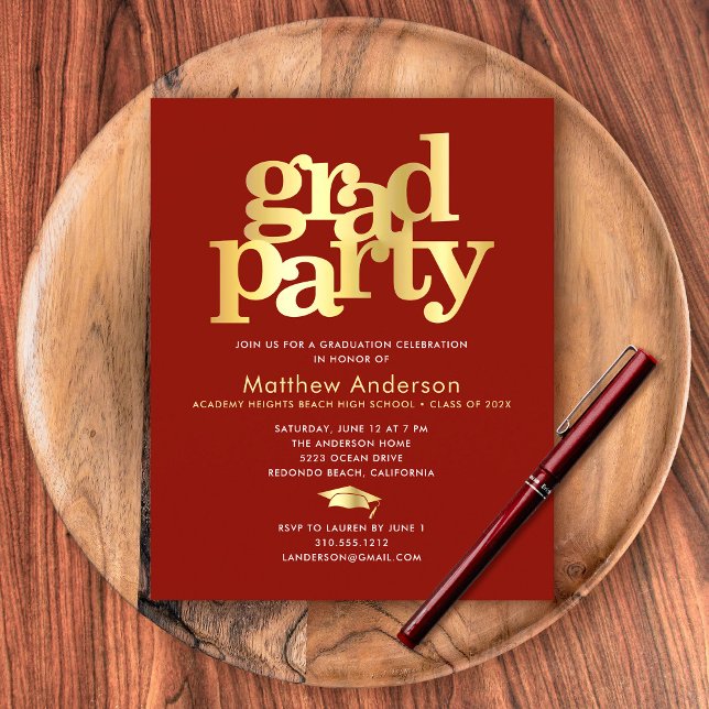 Budget red gold graduation cap bold party invite (Creator Uploaded)