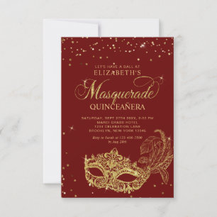 BUDGET Red Gold Masquerade Quinceañera Photo Card