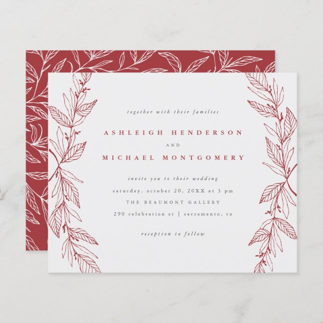Budget Red Hand-drawn Botanical Wreath Wedding (Front/Back)