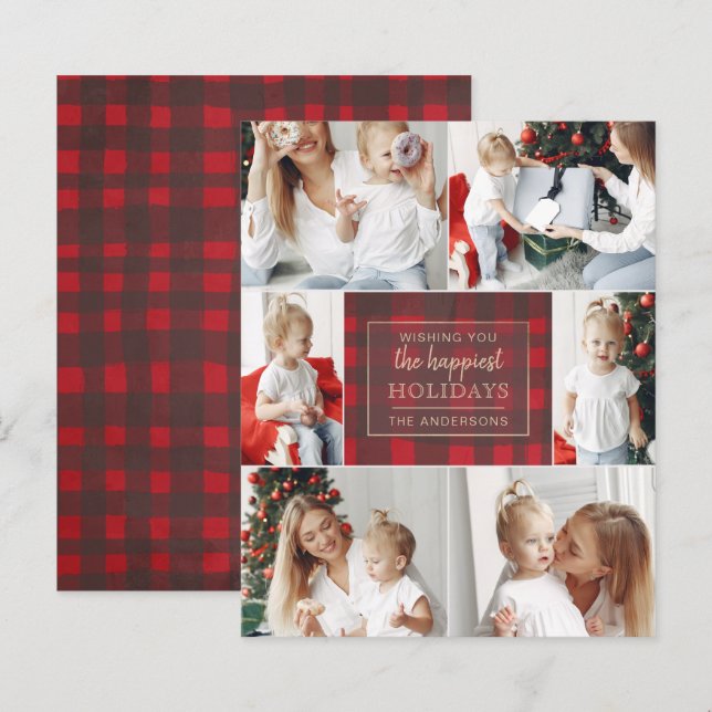 Budget Red Plaid Six Photos Collage Holiday Card (Front/Back)