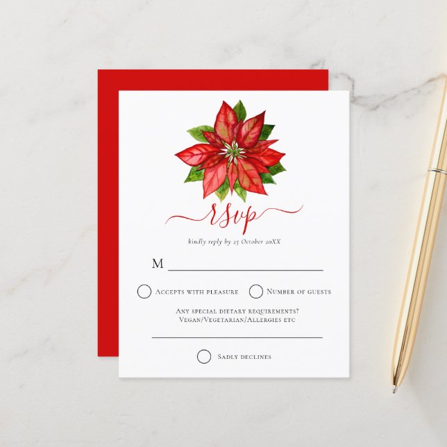 Budget Red Poinsettia Christmas Wedding RSVP (Front/Back In Situ)
