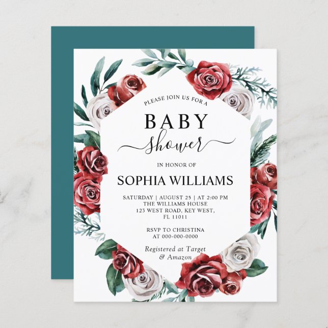 Budget Red Rose & Green Baby Shower Invitation (Front/Back)