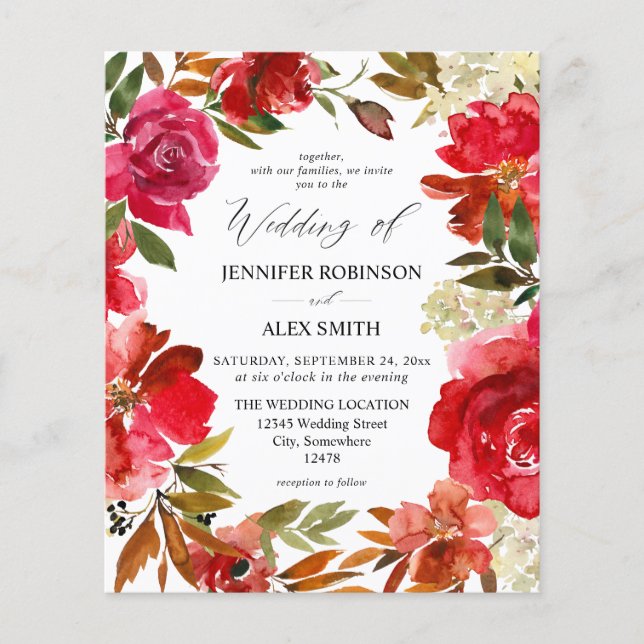 Budget Red Rose & White Floral 2 Wedding Flyer (Front)