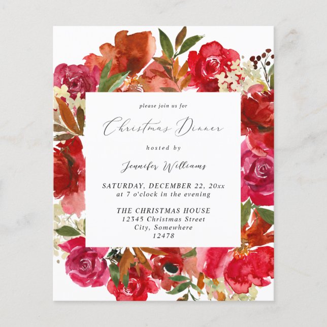 Budget Red Rose & White Floral Christmas Dinner  Flyer (Front)
