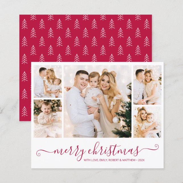 Budget Red Script 5 Photo Collage Christmas Card (Front/Back)