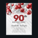 Budget Red Silver Balloon Glitter 90th Birthday<br><div class="desc">Modern Glam Burgundy Red Silver Balloon Glitter Sparkle Any Age Birthday Invitation</div>