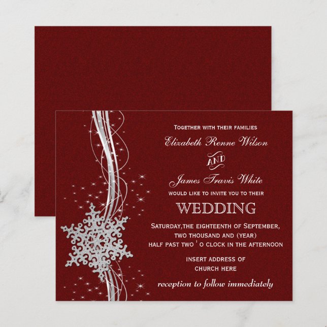 Budget Red Silver Snowflake Wedding Invitation (Front/Back)