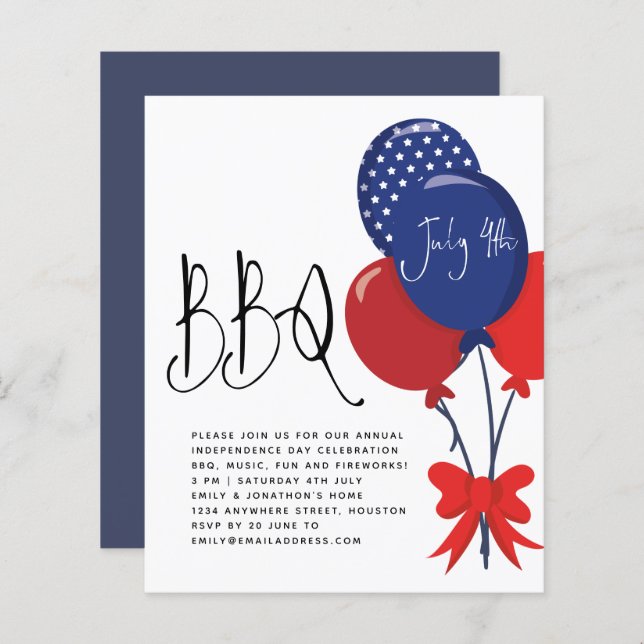 Budget Red White Blue Balloons July 4 BBQ Invite  (Front/Back)