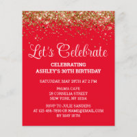 Budget Red White & Gold 30th Birthday Party Invite
