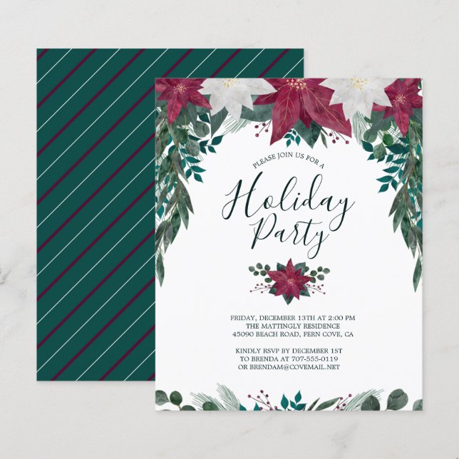 Budget Red White Poinsettias Holiday Party Invite (Front/Back)