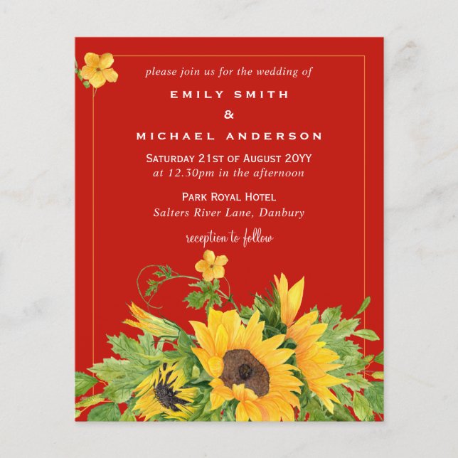 Budget RED Yellow Sunflowers Wedding Invites (Front)