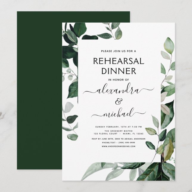Budget Rehearsal Dinner Foliage Greenery Elegant Invitation (Front/Back)