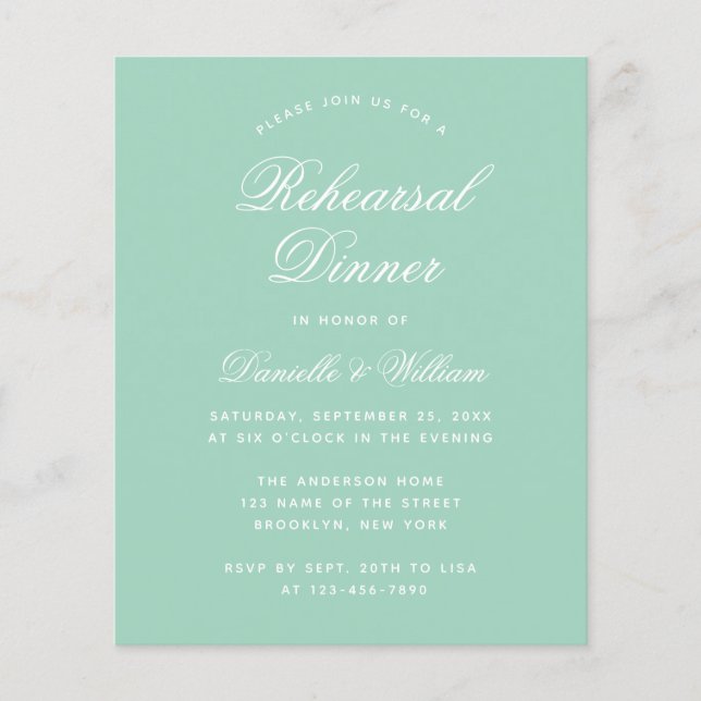 Budget Rehearsal Dinner Mint White Invitation (Front)