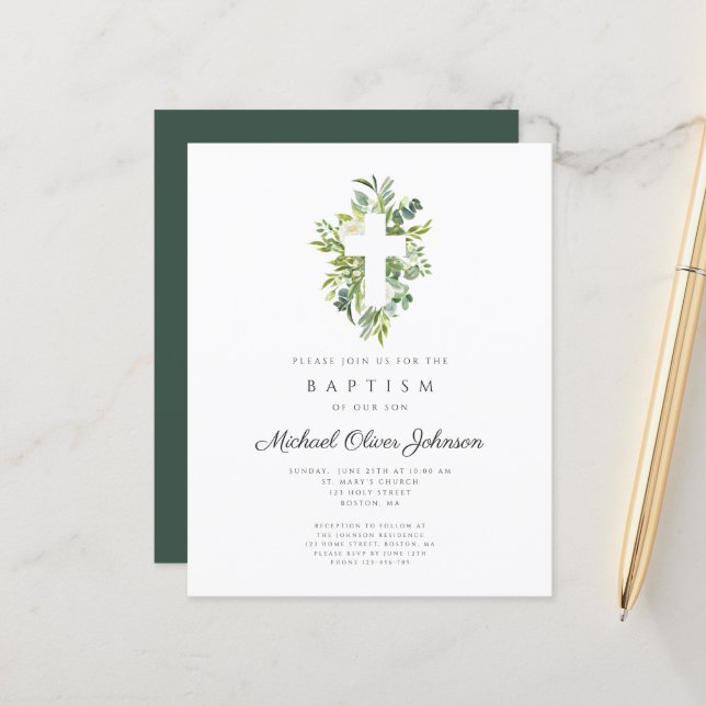 Budget Religious Botanical Baptism Invitation (Front/Back In Situ)