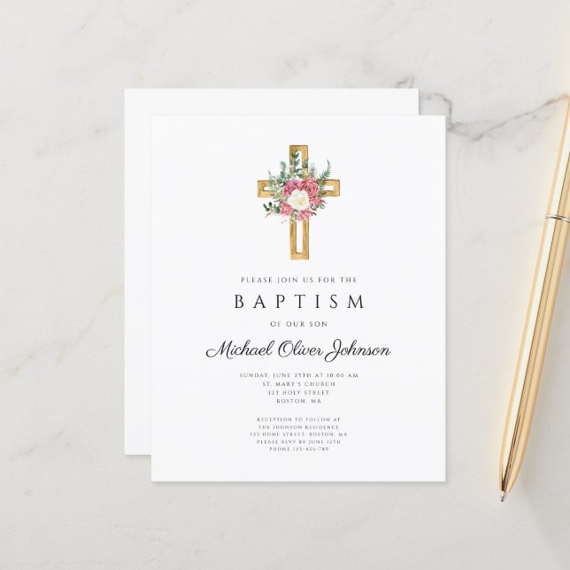 Budget Religious Cross Pink Floral Baptism  (Front/Back In Situ)