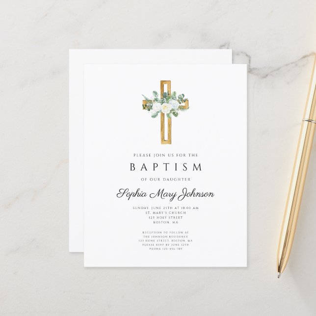 Budget Religious Cross White Floral Baptism Invite (Front/Back In Situ)