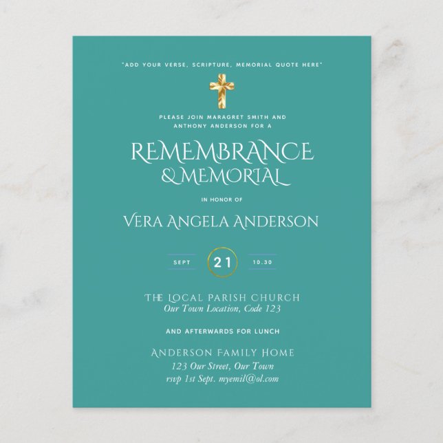 BUDGET Remembrance Memorial Gold Cross Invite (Front)