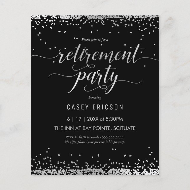 Budget Retirement Party Invite Silver Black Flyer (Front)