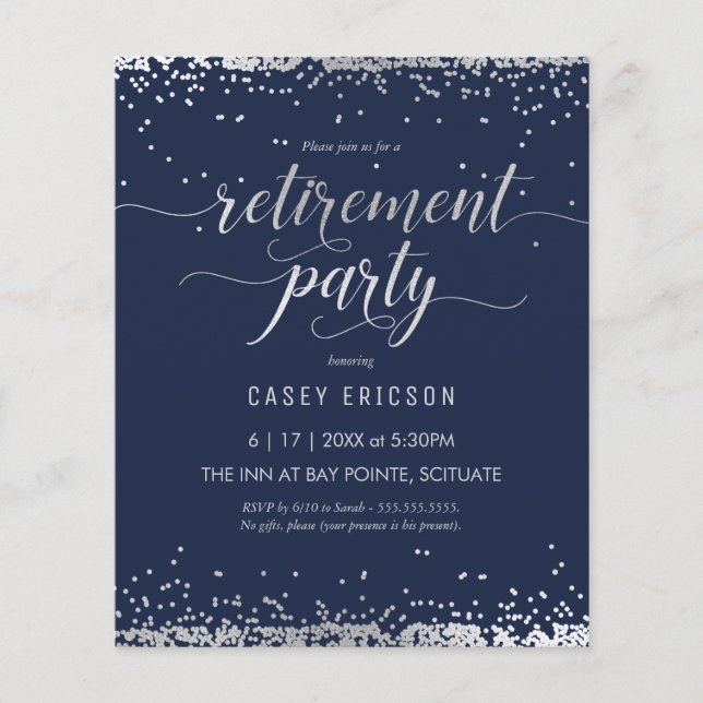 Budget Retirement Party Invite - Silver, Navy Flyer (Front)