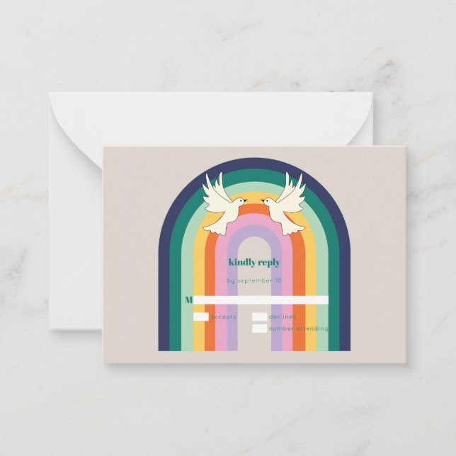Budget Retro 70s Arch Rainbow RSVP Card (Front)