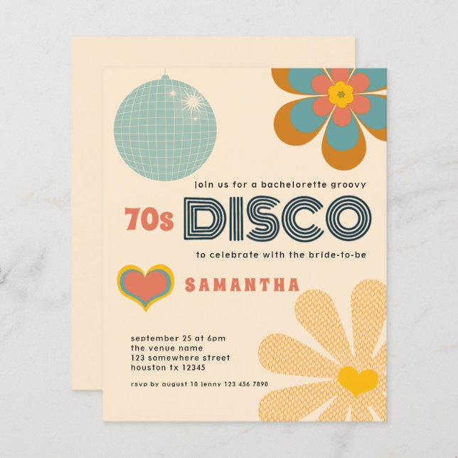 Budget Retro 70s Disco Bachelorette Party Invite (Front/Back)