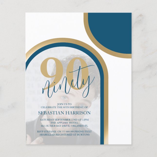 Budget Retro Blue And Gold Photo Birthday (Front)