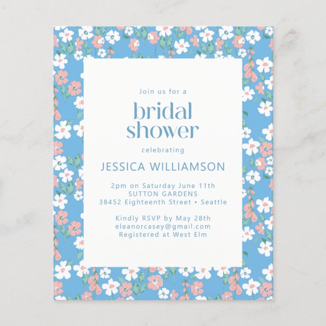 Budget Retro Boho Blue Ditsy Floral Bridal Shower (Front)