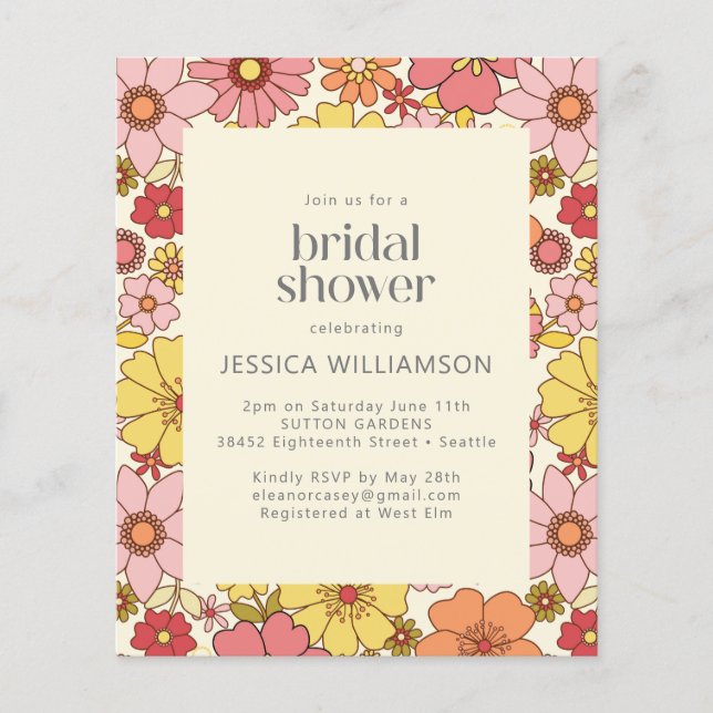 Budget Retro Boho Pink Yellow Floral Bridal Shower (Front)