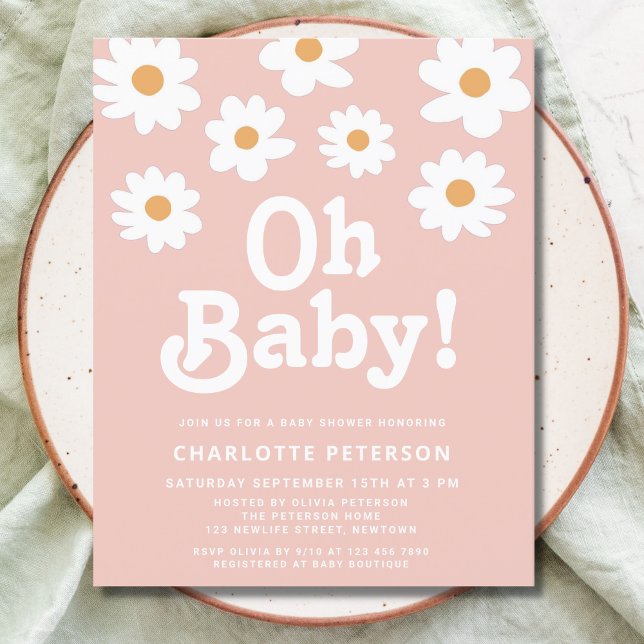 Budget Retro Daisy Pink Baby Shower Invitation  (Creator Uploaded)