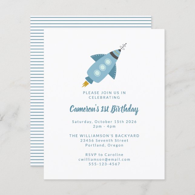 Budget Rocket Ship Blue 1st Birthday Invitation (Front/Back)