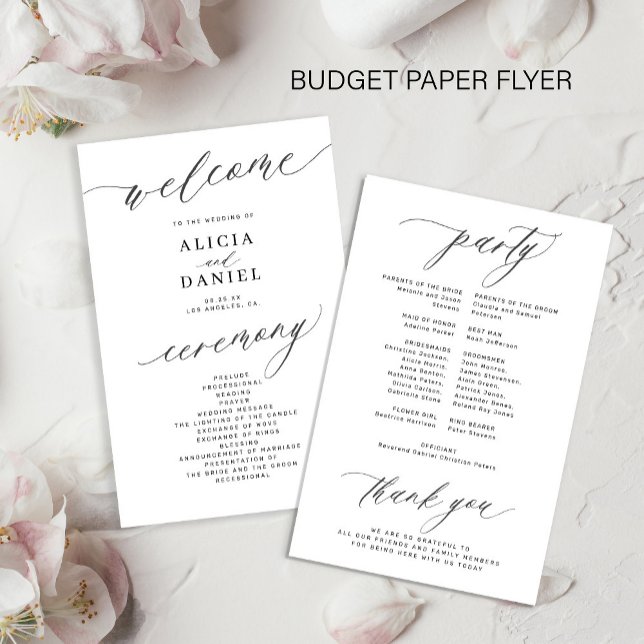 Budget romantic black and white wedding program (Creator Uploaded)