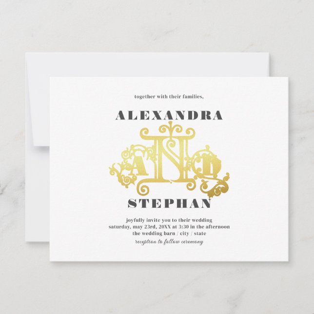 Budget Romantic Flourish Calligraphy Wedding Gold Invitation (Front)