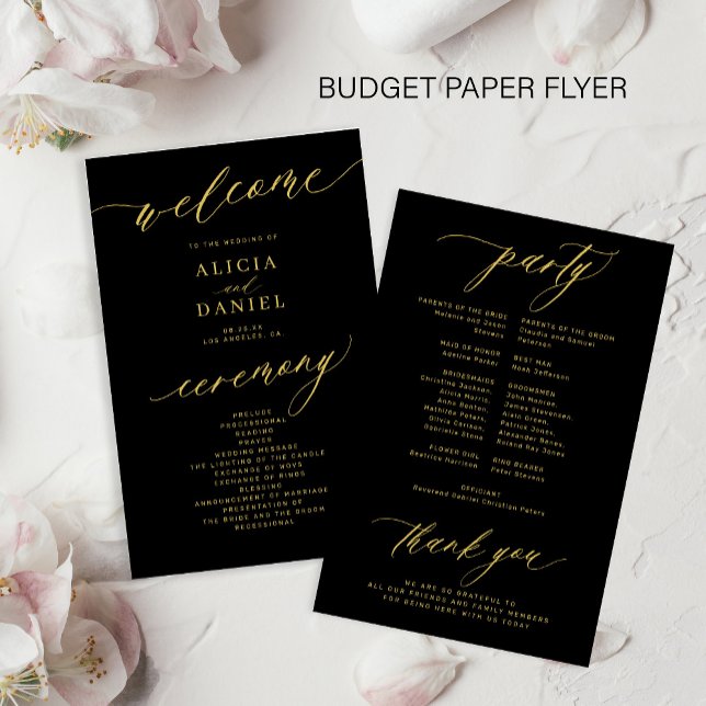 Budget romantic gold script black wedding program (Creator Uploaded)
