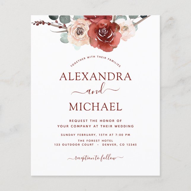 Budget Romantic Photo Burgundy Eucalyptus Wedding Flyer (Front)