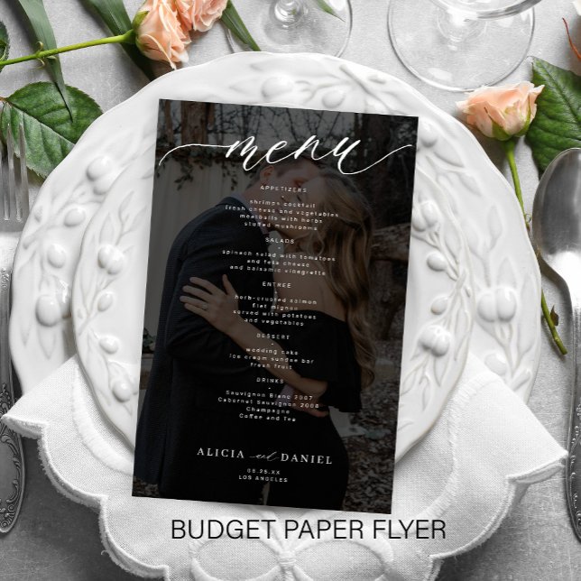 Budget romantic script photo black wedding menu (Creator Uploaded)