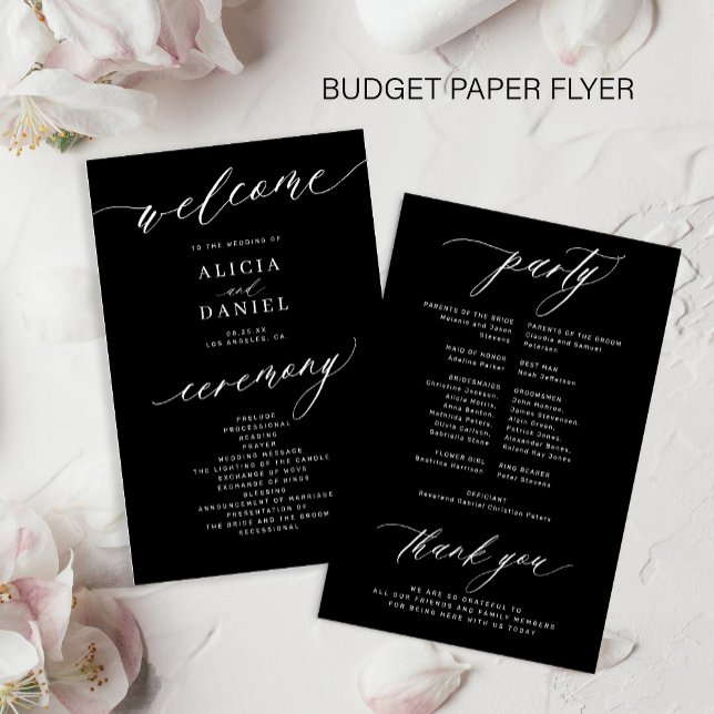 Budget romantic white and black wedding program (Creator Uploaded)
