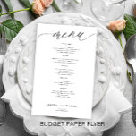 Budget romantic white black script wedding menu<br><div class="desc">Simple white trendy minimalist black calligraphy script custom text template cheap BUDGET wedding menu paper flyer. PLEASE READ THIS BEFORE PURCHASING! This is a cheap budget program printed on a PAPER FLYER (advertising type of paper). PLEASE NOTE that the background and script colours are editable. You can change the template...</div>