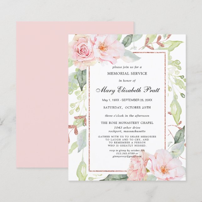 Budget Rose Floral Memorial Service Invitation (Front/Back)