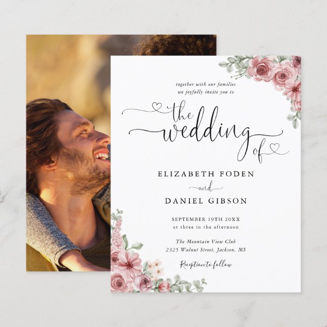 Budget Rose Floral Script Photo Wedding Invitation (Front/Back)