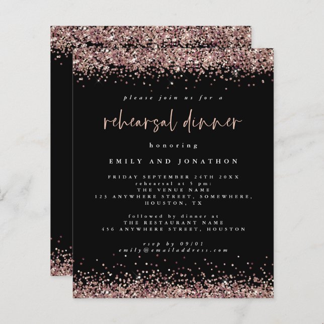 Budget Rose Glitter Black Rehearsal Dinner Invite (Front/Back)