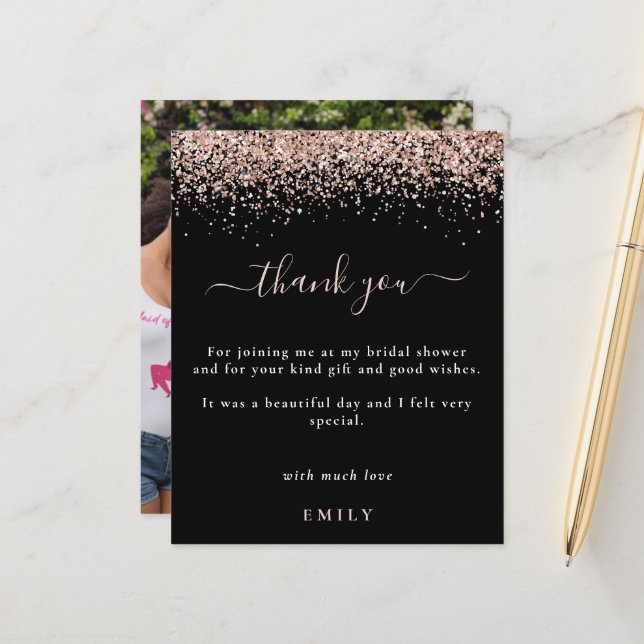 Budget Rose Glitter Photo Bridal Shower Thank You (Front/Back In Situ)