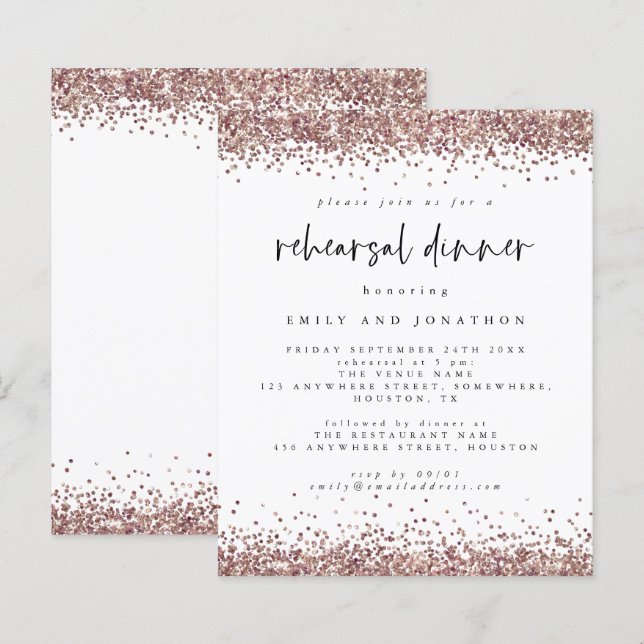 Budget Rose Glitter White Rehearsal Dinner Invite (Front/Back)