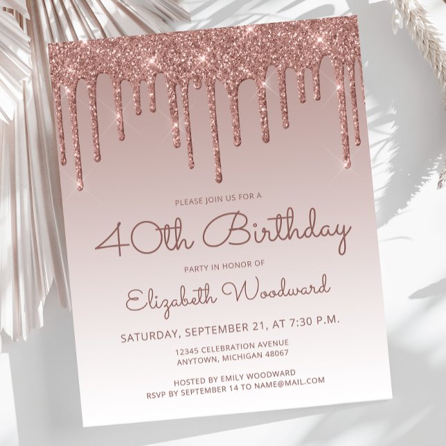 Budget Rose Gold 40th Birthday Party Invitation (Creator Uploaded)