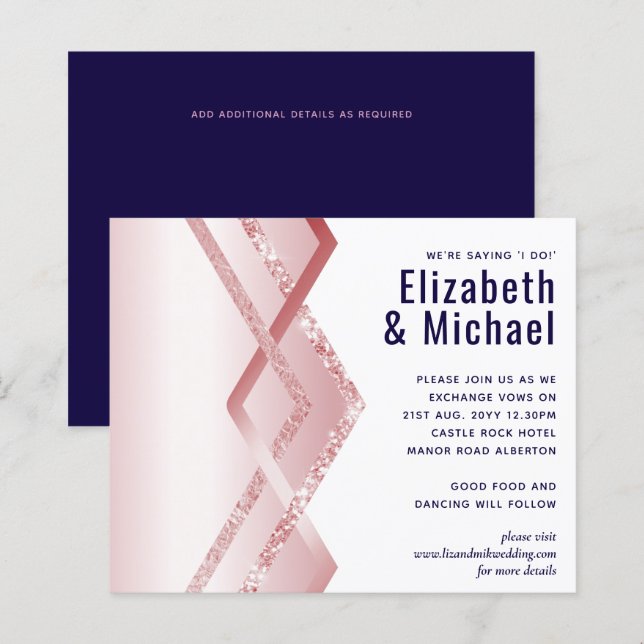 Budget Rose gold Art Deco Foil Look Navy Wedding (Front/Back)
