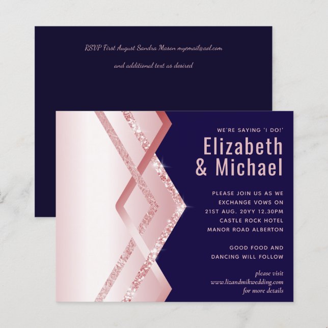 Budget Rose gold Art Deco Foil Look Navy Wedding (Front/Back)