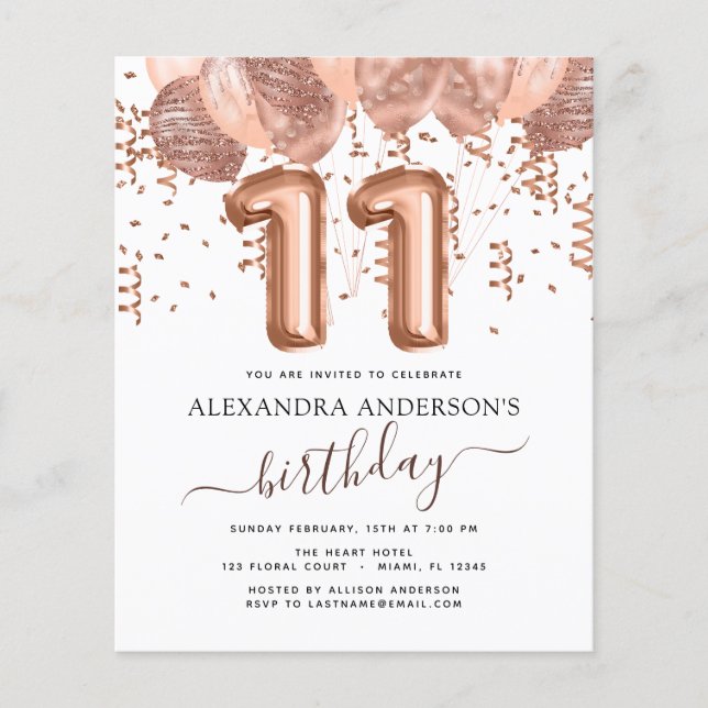 Budget Rose Gold Balloons 11th Birthday Invitation Flyer (Front)