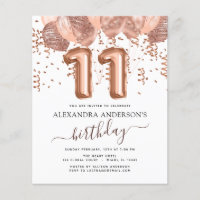 Budget Rose Gold Balloons 11th Birthday Invitation