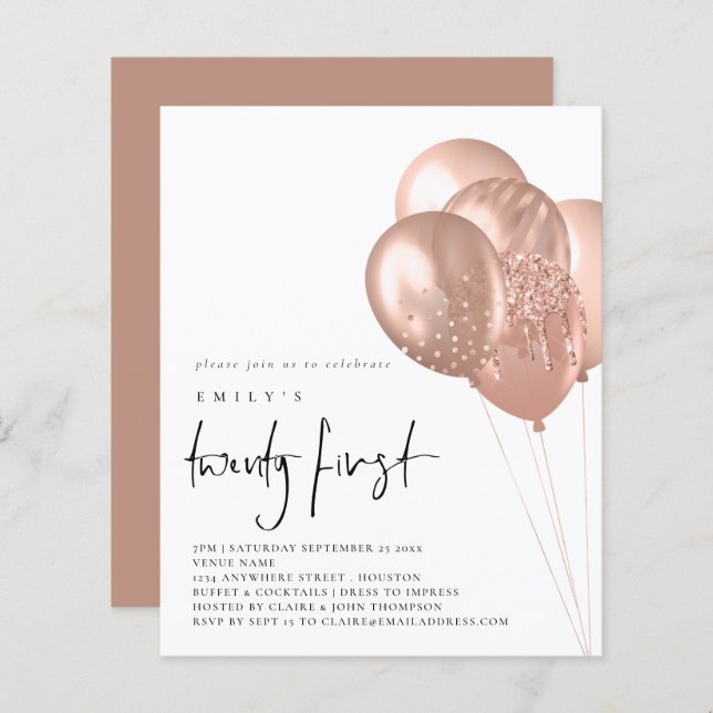 Budget Rose Gold Balloons 21st Party Invite (Front/Back)